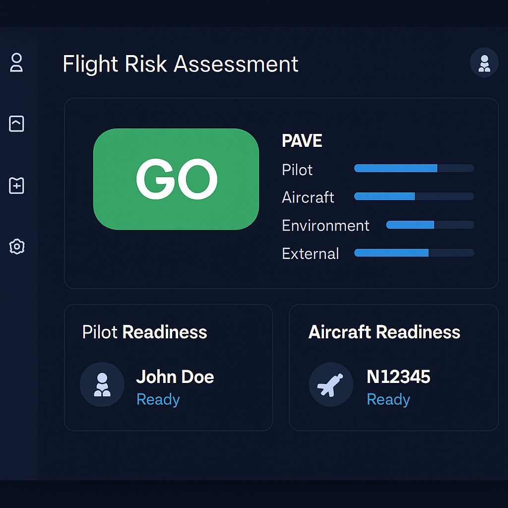 AFRA flight risk assessment dashboard showing a GO decision with pilot and aircraft readiness panels